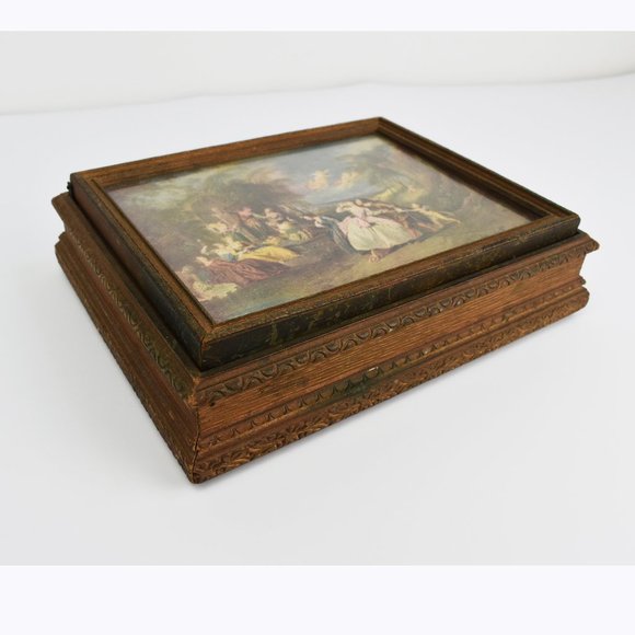 Rare antique wooden box with decorative lid, collectible painting storage box - Picture 6 of 10